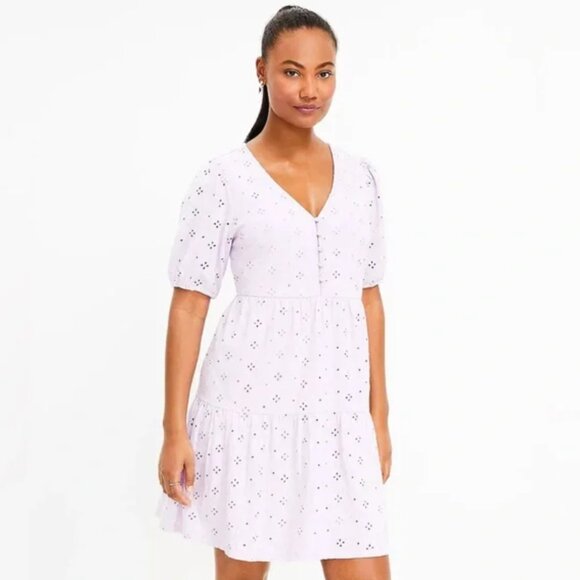 LOFT White Eyelet Puff Sleeve Button Tiered Swing Dress M - Picture 1 of 9